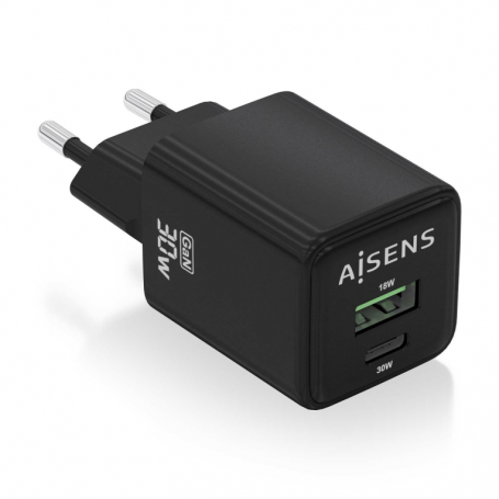 CARGADOR AISENS GAN 30W 1XUSB-C PD3.0 QC4.0 1XUSB-A QC3.0 NEGRO