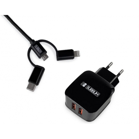 CARGADOR PARED SUBBLIM ABS 2.4A CON CABLE 3IN1 BLACK