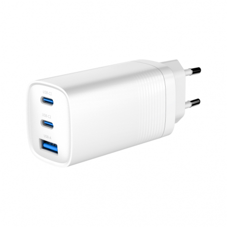 CARGADOR RAPIDO USB GEMBIRD POWER DELIVERY GAN DE 3 PUERTOS Y 65 W, BLANCO