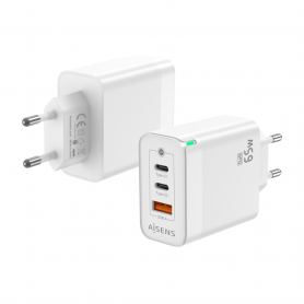 CARGADOR GAN AISENS 65W 2XUSB-C PD3.0 QC4.0 1XUSB-A QC3.0 BLANCO